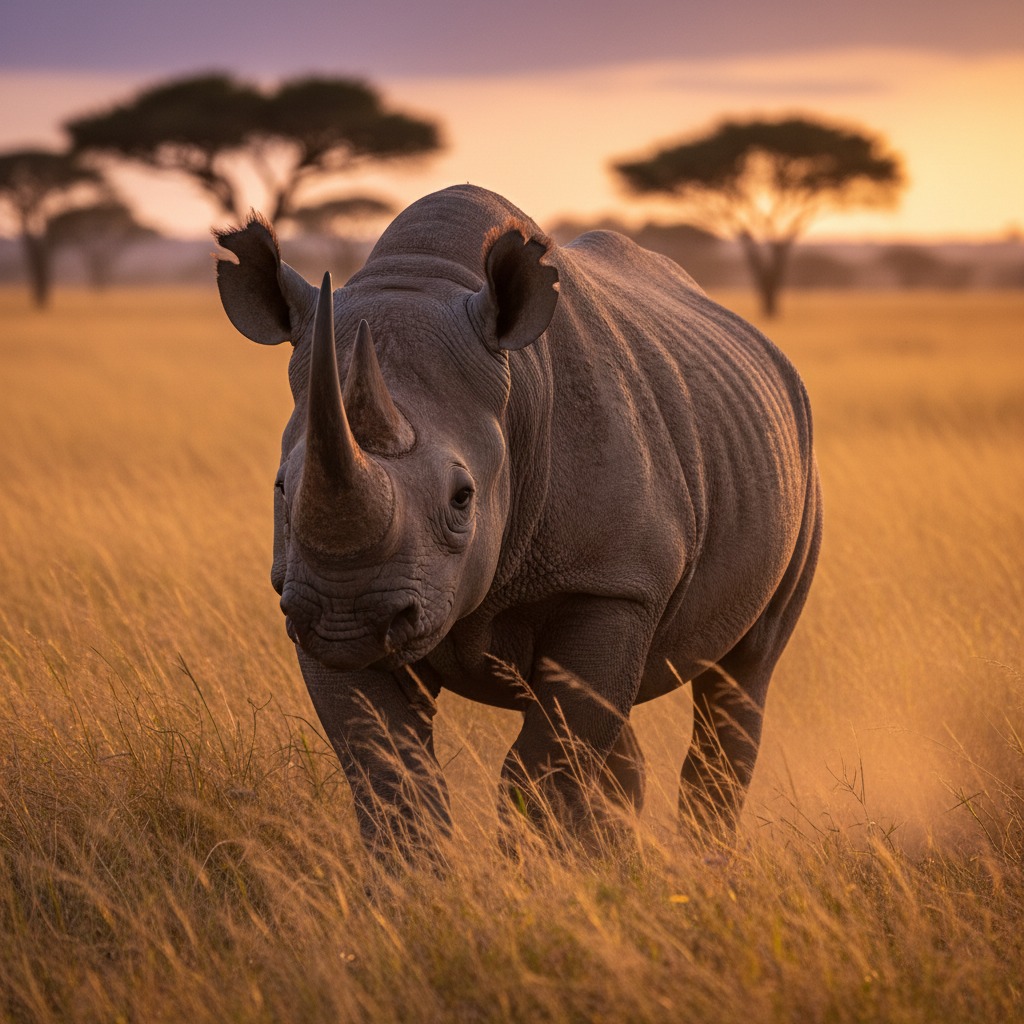 A black rhinoceros walks through tall, golden savanna grass at sunset with acacia trees in the background.